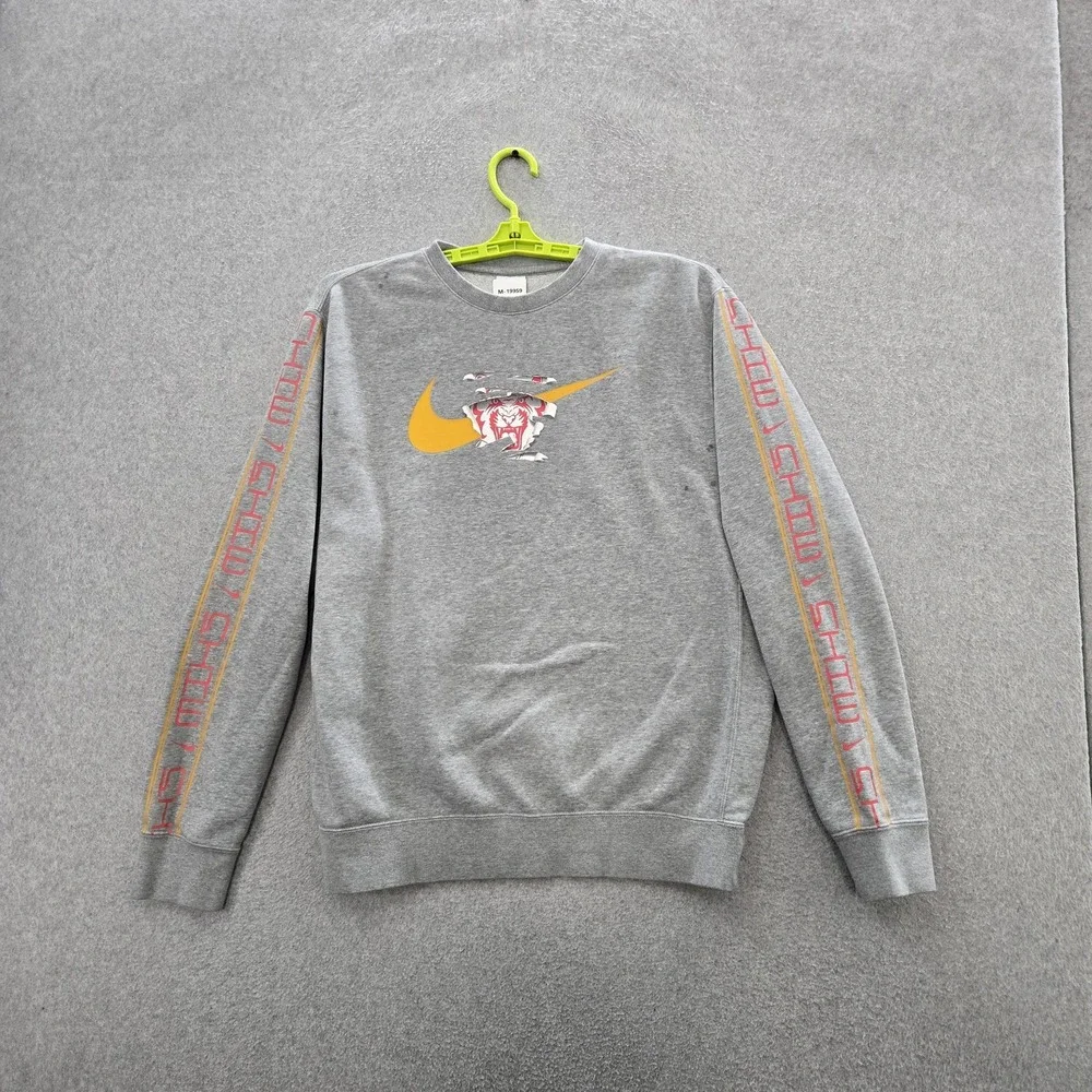 Nike Men Sweatshirt M Gray Fleece Logo Tiger Swoosh Long Sleeve READ